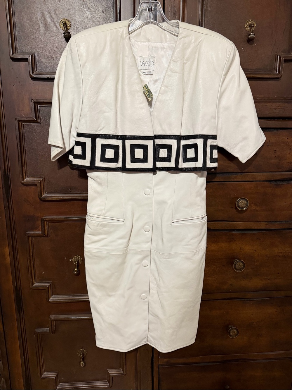 Vakko White Leather Midi Dress with Black Geometric Waist Band